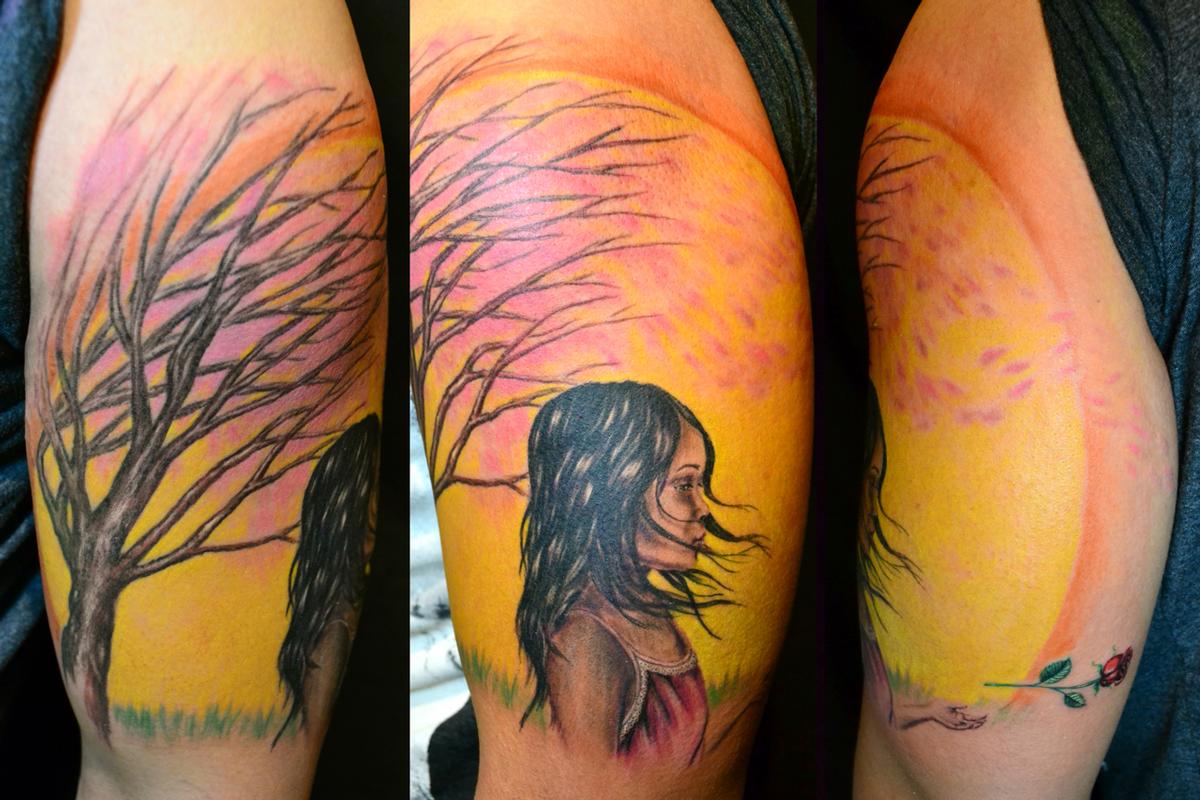 Tattoos - Asian Girl in the Wind with Cherry Blossom Tree and Sun letting go of rose - 60892